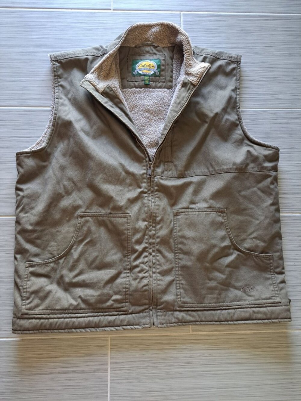 Cabelas Mens Olive Green Canvas Workwear Vest Sherpa Fleece Full Zip 2XLTall